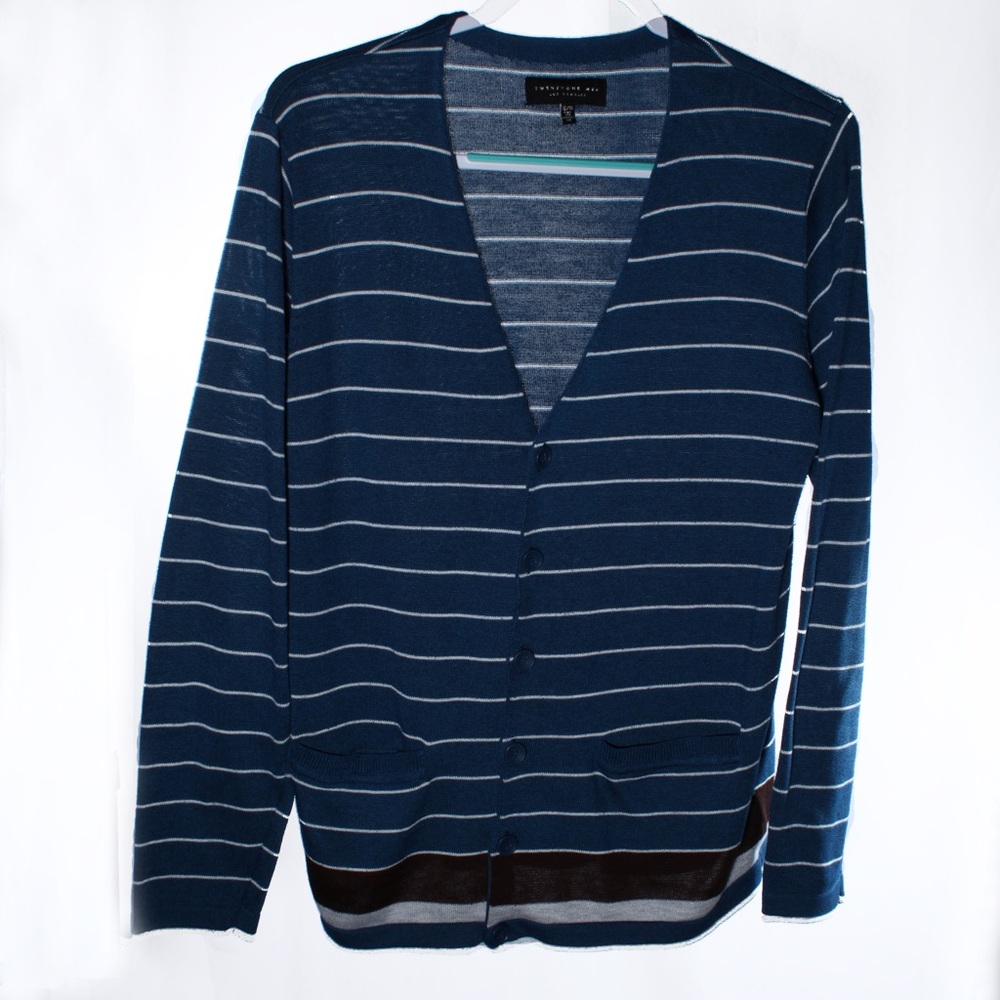 Twentyone Men Blue with White Stripe Cardigan Sweater Size XL Long Sleeves.